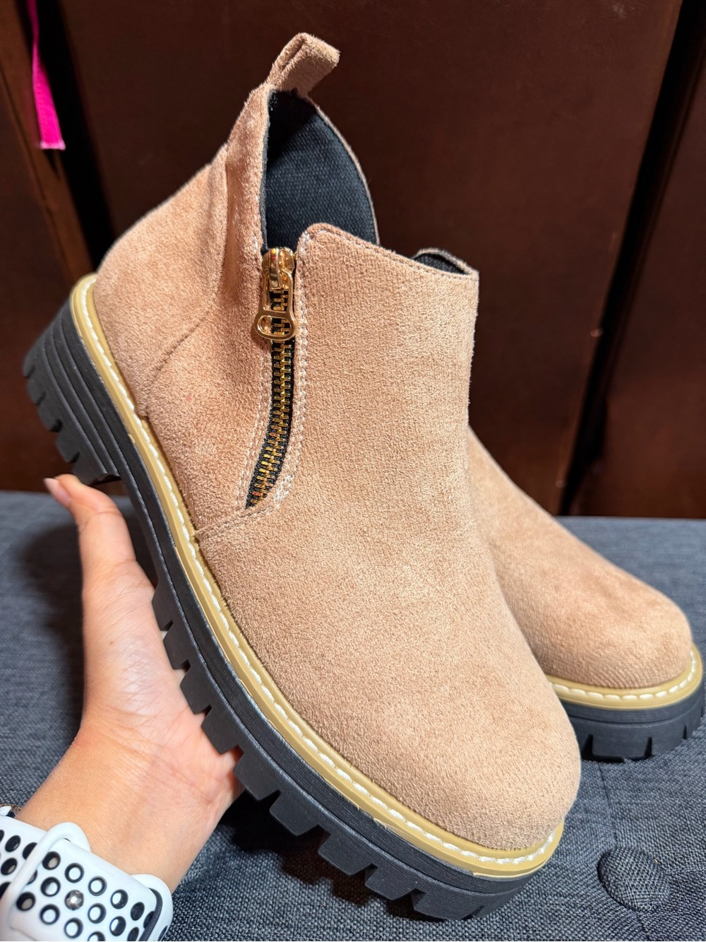 Suede Side-Zip Chunky Sole Booties in Tan (size 8- 8.5 ) - Picture 2 of 7